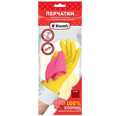 Перчатки хозяйственные латексные с х/б напылением M желтые Komfi/120/10 DGL025P 