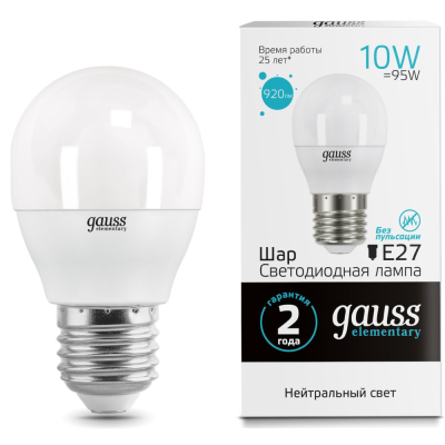 Лампа светодиодная LED 10Вт E27 410 0K Elementary шар Gauss