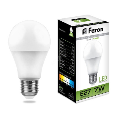 Лампа светодиодная LED 7вт Е27 белая Feron