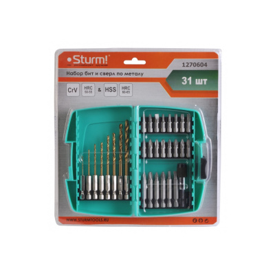 Набор бит и сверл по металу, 31шт, ШЕСТИГРАННЫЙ ХВОСТОВИК, в пластик.кейсе Sturm!