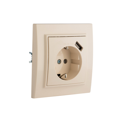 Розетка 1-местная СП c заземлением 16А бежевая с защитными шторками с USB 1А