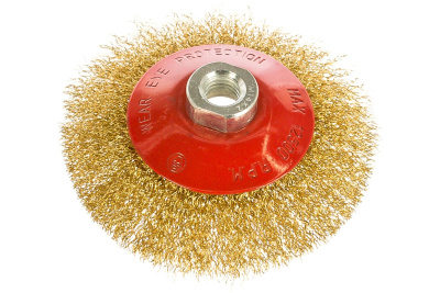 Корщетка, тип "колесо" с наклоном, гайка М14, стальная волнистая латунированная проволока 115 мм