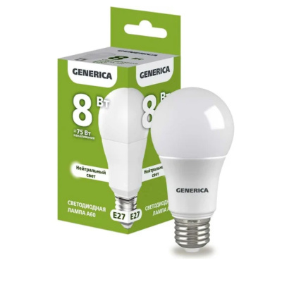 Лампа светодиодная A60 груша 8Вт 230В 4000К E27 GENERICA