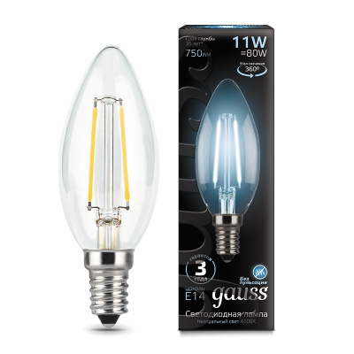 Лампа светодиодная LED 11Вт E14 750 lm 4100К Filament Свеча Gauss