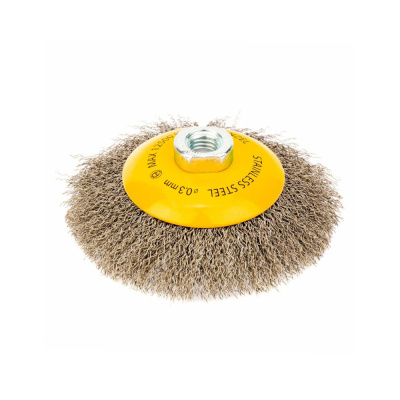Щетка для УШМ, 125 мм, "Тарелка", витая нержавеющая проволока 0,3 мм, М14// Denzel