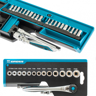 Набор торцевых головок, трещотка 120 зубьев, 36 предметов, 1/4", CrV// Gross