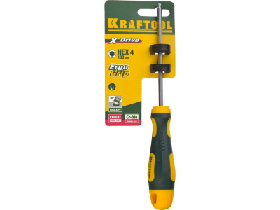 Отвертка KRAFTOOL, Cr-Mo-V сталь, двухкомпонентная противоскользящая рукоятка, HEX, №4x100мм