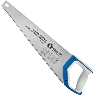 Ножовка по дереву КОБАЛЬТ 450 мм, шаг 7,5 мм / 3,5 TPI, закаленный зуб, 2D-заточка, быстрый грубый р