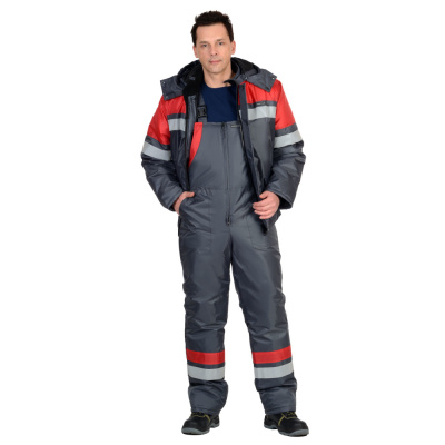 Костюм "СИРИУС-Орбита" зимний: куртка кор.,п/комб. серый с красным и СОП р.  88-92/182-188 (ЧЗ)