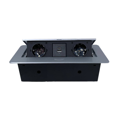 Выдвижная розетка,выдвижной блок розетокTORO-33-80 (серебристый, 2EURO розетки, 2 USB C + А(18W)