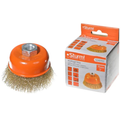 Корщетка-насадка для дрели 5240903 чашеобразная мягк.75мм,хвост 6мм,латун.волн.проволок.Sturm!