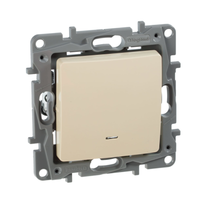 Выключатель одноклавишный, с подсветкой, бежевый, безвинтовые зажимы