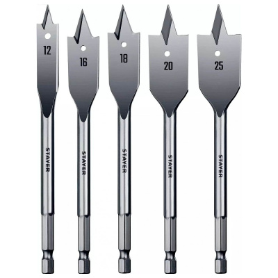 Набор сверл перовых по дереву STAYER FLAT 5 шт, 12-16-18-20-25мм, 