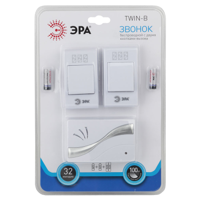 Звонок беспроводной, две кнопки, один динамик, без кодировки, 2xAA/A23 ЭРА TWIN-B