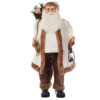 Сувенир новогодний Санта-Клаус с фонарем и подарками, 45 см, бежевый/белый