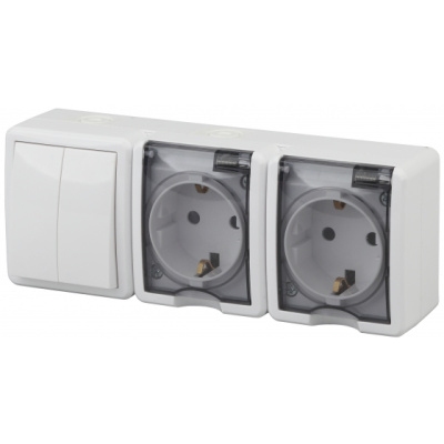 Блок две розетки+выключатель двойной IP54, 16A(10AX)-250В, ОУ,Эра Эксперт,белый,11-7404-01 Эл/ус ЭРА