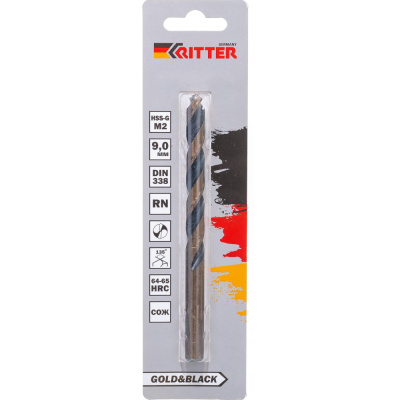 Сверло по металлу Ritter EC  9,0 мм (HSS-G M2 Gold&Black) DIN 338 RN (1 шт в блистере) (300/75/1)