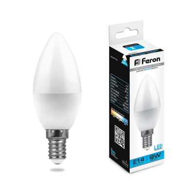 Лампа светодиодная LED 9вт Е14 дневной матовая свеча Feron