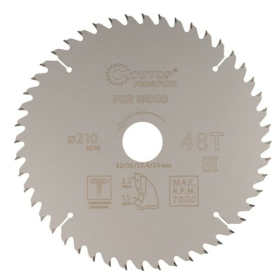 Диск пильный по дереву с тефлоновым покрытием 48Т, CUTOP Profi plus, 210 х 1,5/2,2 х 32/30/25,4/20 м
