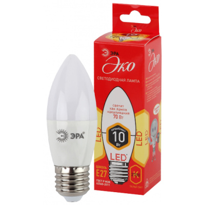 Лампа светодиодная, т/бел, 800 lm ЭРА LED smd B35-10w-827-E27 ECO