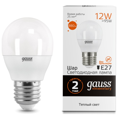 Лампа светодиодная LED 12вт 230в,Е2 7,теплый, шар Gauss Elementary