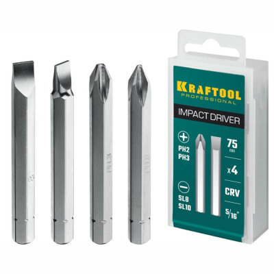 Биты для ударной отвертки 4 шт 75 мм, KRAFTOOL