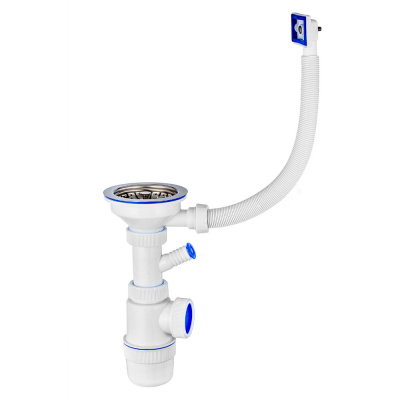 Сифон "Элит" с нержавеющей чашкой д.112, отводом для СМ и переливом (3 1/2"-40)