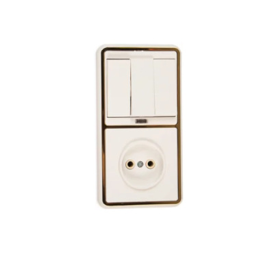 Блок БКВР-212 Выключатель трехклавишный с индикацией + розетка (золото) БЭЛЛА
