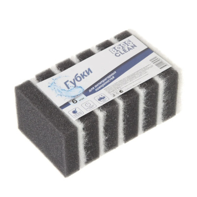 Губка для антипригарных поверхностей, 6шт, поролон, 2 слоя, Bossclean