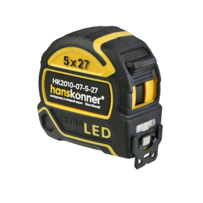 Рулетка 5x27 HK2010-07-5-27, противоударный обрезин.корпус, LED фонарь, hanskonner