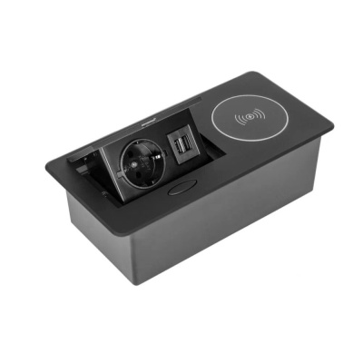 Выдвижная розетка с беспроводной зарядкой POLO (чёрная, на 1 розетку,беспроводную зарядку, 2USB)