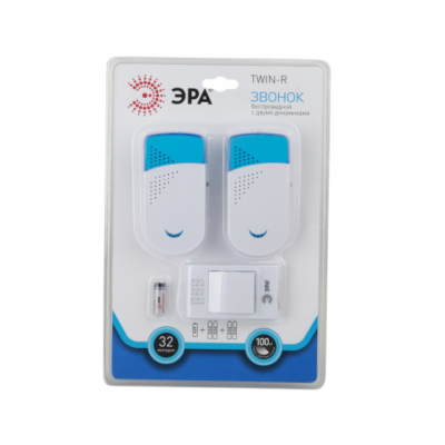 Звонок беспроводной, два динамика, одна кнопка, без кодировки, 2xAAA/A23 ЭРА TWIN-R