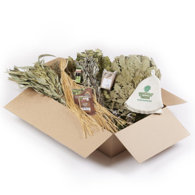 Набор банный: 4 веника(береза, дуб, эвкалипт, мята),шапка,мыло угольное,мочалка,масло эфирное "Сосна