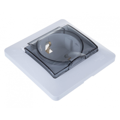 Розетка с заземлением со шторками с крышкой белая в сборе IP44 GLOSSA 