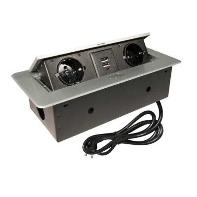 Встраиваемая выдвижная розетка TORO GRAY(серебристая, на 2 розетки, 2 USB)