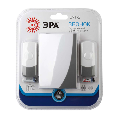 Звонок беспроводной 2 кнопки, IP20/44, 3xAA/A23 ЭРА С91-2