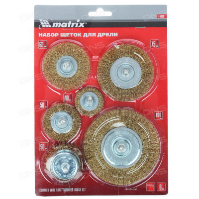 Набор щеток д/дрели 6шт., 5 плоских, 40-50-65-75-100мм + 1"чашка" 50мм со шпильками металл. "MATRIX"